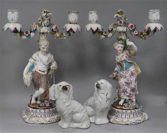 A pair of Sitzendorf style figurative candelabra and two Staffordshire dogs